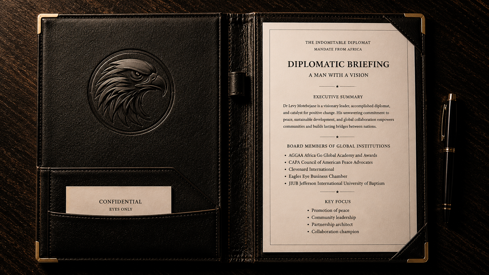 Diplomatic briefing folder on a dark wood desk
